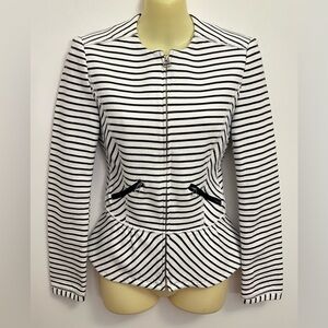 Zara White and Black Striped Full Zip Front Peplum Jacket size XS